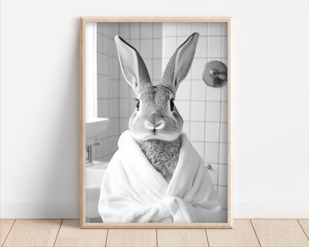 Bunny Wearing a Bathrobe, Poster or Canvas, Funny Bathroom Wall Art ...