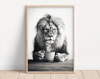 Funny Lion Coffee Art Print: Vintage Style Kitchen Decor (digital