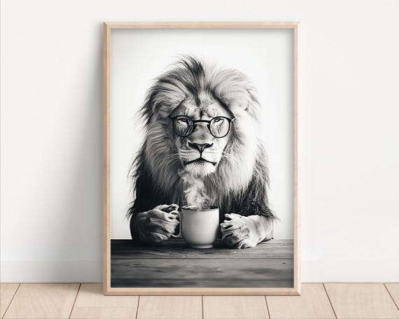 Lion Drinking Coffee Art Print: Funny Kitchen Decor Poster or