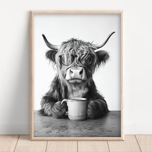 Highland Cow Drinking Coffee, Poster or Canvas, Funny Kitchen Wall Art, Coffee Shop Decor, Coffee Lovers, Dining Room, Cute Kitchen Animal