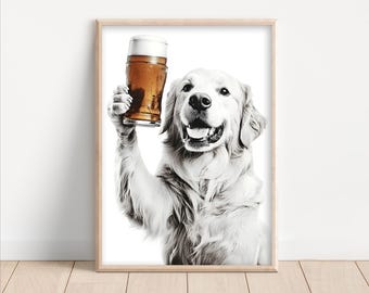 Golden Retriever Drinking Beer Art: Funny Dog Lover Poster or Canvas
