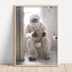 Yeti Sitting on Toilet Reading Newspaper, Poster or Canvas, Funny Bathroom Wall Art Decor, Animals on Toilet, Pooping Humor, Funny Yeti Art