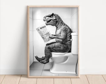 T-Rex on Toilet Print: Funny Dinosaur Bathroom Wall Art