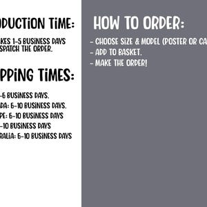 Może przedstawiać: Grafika z czarnym tekstem na szarym tle. Tekst brzmi "Production Time: It takes 1-5 business days to dispatch the order. Shipping Times: US: 3-6 business days. Canada: 6-10 business days. Europe: 6-10 business days. UK: 6-10 business days. Australia: 6-10 business days." oraz "How to Order: Choose size & model (poster or canvas). Add to basket. Make the order!"