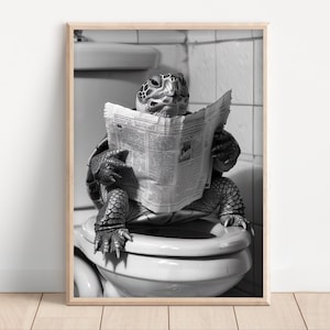 Turtle on Toilet Reading Newspaper, Poster Canvas, Funny Bathroom Wall Art, Kids Laundry Room Decor, Animal Toilet Humor, Cute Turtle Print