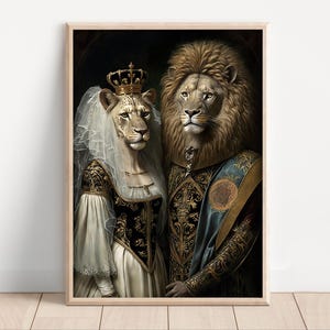 Aristokratisches Löwenpaar, Poster Leinwand, lustige Tierwandkunst, königliches Löwenporträt, lustiges Paargeschenk, König Königin, schrulle Renaissancekunst