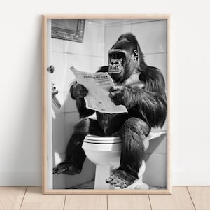 Funny Gorilla Poster, Bathroom Wall Art, Gorilla on Toilet Reading Newspaper, Vertical Vintage Style Animal Photo Poster, Bathroom Decor