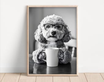 Cockapoo Coffee Art Print: Funny Dog with Glasses, Kitchen Decor