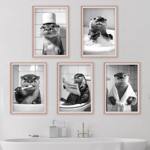 May include: Set of five black and white prints featuring otters in various humorous situations. The otters are wearing a bathrobe, reading a newspaper, brushing their teeth, wearing a bath cap, and taking a bath.