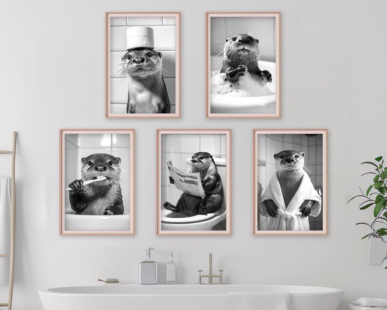 May include: Set of five black and white prints featuring otters in various humorous situations. The otters are wearing a bathrobe, reading a newspaper, brushing their teeth, wearing a bath cap, and taking a bath.