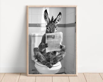 Donkey on Toilet Print: Funny Bathroom Animal Wall Art