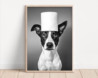 Funny Dog Toilet Paper Head Print: Bathroom Wall Art Poster or Canvas