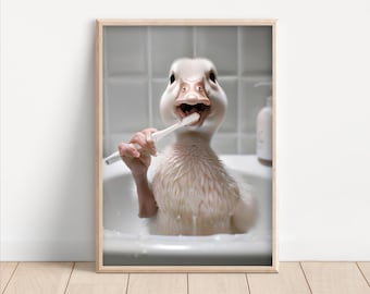 Rolig anka borstar tänderna badrumsväggkonst, poster eller canvas, udda tvättrumsdekor, tandläkarkonst, djurväggkonst, söt anka-tryck