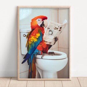 Parrot on Toilet Reading Newspaper, Poster Canvas, Funny Bathroom Wall Art, Cute Laundry Room Decor, Quirky Animal Toilet Humor Print