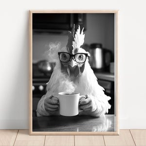 Chicken Drinking Coffee, Poster or Canvas, Funny Kitchen Wall Art, Coffee Shop Decor, Coffee Lover, Dining Room, Cute Kitchen Animal Print