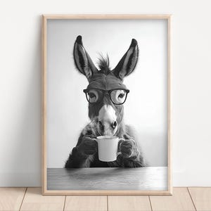 Donkey Drinking Coffee, Poster or Canvas, Funny Kitchen Wall Art, Coffee Shop Decor, Coffee Lovers, Dining Room, Cute Kitchen Animal Print