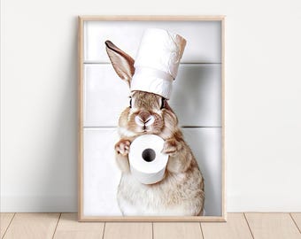 Lustiger Hase mit Klopapierrolle am Kopf, Poster oder Leinwand, Witziges Badezimmer Dekor, Lustiges Tier Wandbild, Süßer Hase Foto Druck