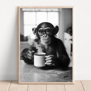 Monkey Drinking Coffee, Poster or Canvas, Funny Kitchen Wall Art, Coffee Shop Decor, Coffee Lovers, Dining Room, Cute Kitchen Animal Print