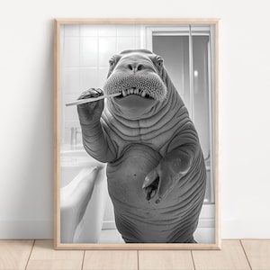 Walrus Brushing Teeth, Poster or Canvas, Funny Bathroom Wall Art, Kids Laundry Room Decor, Funny Retro Animal Humor, Cute Walrus Print