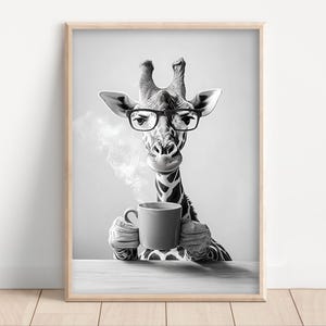 Giraffe Drinking Coffee, Poster or Canvas, Funny Kitchen Wall Art, Coffee Shop Decor, Coffee Lovers, Dining Room, Cute Kitchen Animal Print
