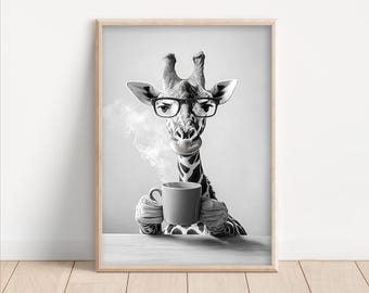 Giraffe Drinking Coffee Art Print: Funny Kitchen Decor Poster or Canvas