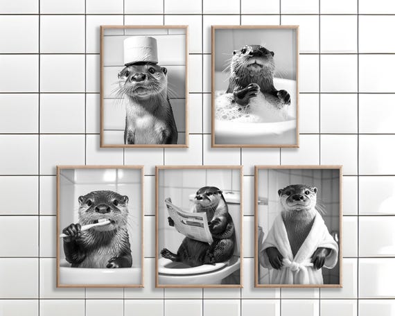 Funny Otter Bathroom Art Set: Toilet Humor Prints or Canvas