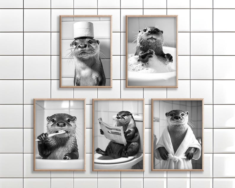 May include: Set of five black and white photographs featuring otters in various bathroom settings. One otter is wearing a shower cap, another is brushing its teeth, and another is taking a bath. The other two otters are relaxing in a bathtub and sitting on a toilet.