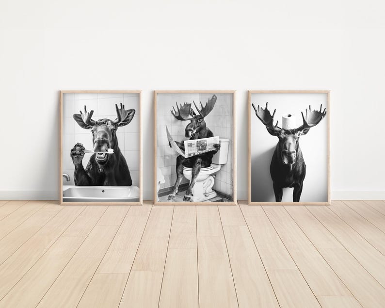 May include: Three black and white photos of moose. The first photo shows a moose with a toothbrush in its mouth. The second photo shows a moose sitting on a toilet with a newspaper in its hands. The third photo shows a moose with a roll of toilet paper on its head.