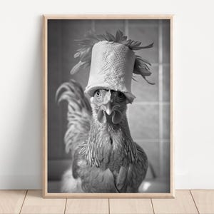 Funny Chicken Bathroom Poster, Bathroom Wall Art Print, Chicken with Toilet Paper on Head, Vintage Style Animal Photo, Bathroom Decor Poster