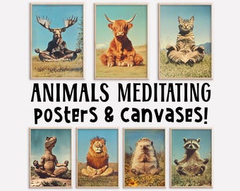 May include: A collection of eight posters featuring different animals meditating in a yoga pose. The animals include a moose, a cow, a cat, a dinosaur, a lion, a hedgehog, a raccoon, and a frog. The posters are all in a vintage style with a light blue background and a brown wooden frame.