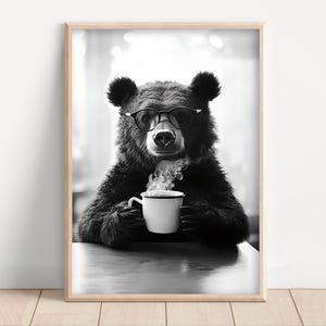 Bear Drinking Coffee, Poster or Canvas, Funny Kitchen Wall Art, Coffee Shop Decor, Coffee Lover Art, Dining Room, Cute Kitchen Animal Print