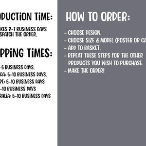 May include: A text-based graphic with black text on a gray background. The graphic provides information about production and shipping times for an online store. It also includes instructions on how to order products from the store. The text includes the following: "Production Time: It takes 2-7 business days to dispatch the order." "Shipping Times: US: 3-6 business days. Canada: 6-10 business days. Europe: 6-10 business days. UK: 6-10 business days. Australia: 6-10 business days." "How to Order: Choose design. Choose size & model (poster or canvas). Add to basket. Repeat these steps for the other products you wish to purchase. Make the order!"