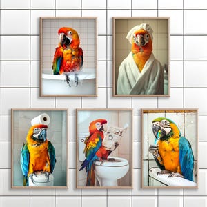 Parrot Wall Art Set, Funny Bathroom Decor, Poster or Canvas, Parrot on Toilet, in Bath, in Bathrobe, Brushing Teeth, Animal Toilet Humor