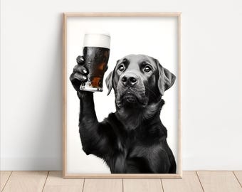 Stampa di un cane Labrador che beve birra: divertente decorazione da parete per bar e casa