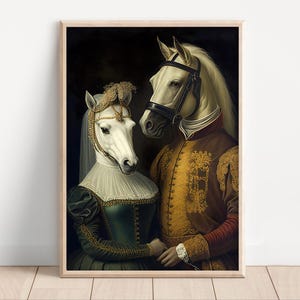 Aristokratisches Pferdepaar, Poster Leinwand, lustige Tierwandkunst, königliches Pferdeporträt, lustiges Paargeschenk, König Königin, Renaissance Humor Kunst