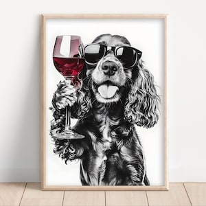 May include: A black and white illustration of a dog wearing sunglasses and holding a glass of red wine. The dog is smiling and has a happy expression.