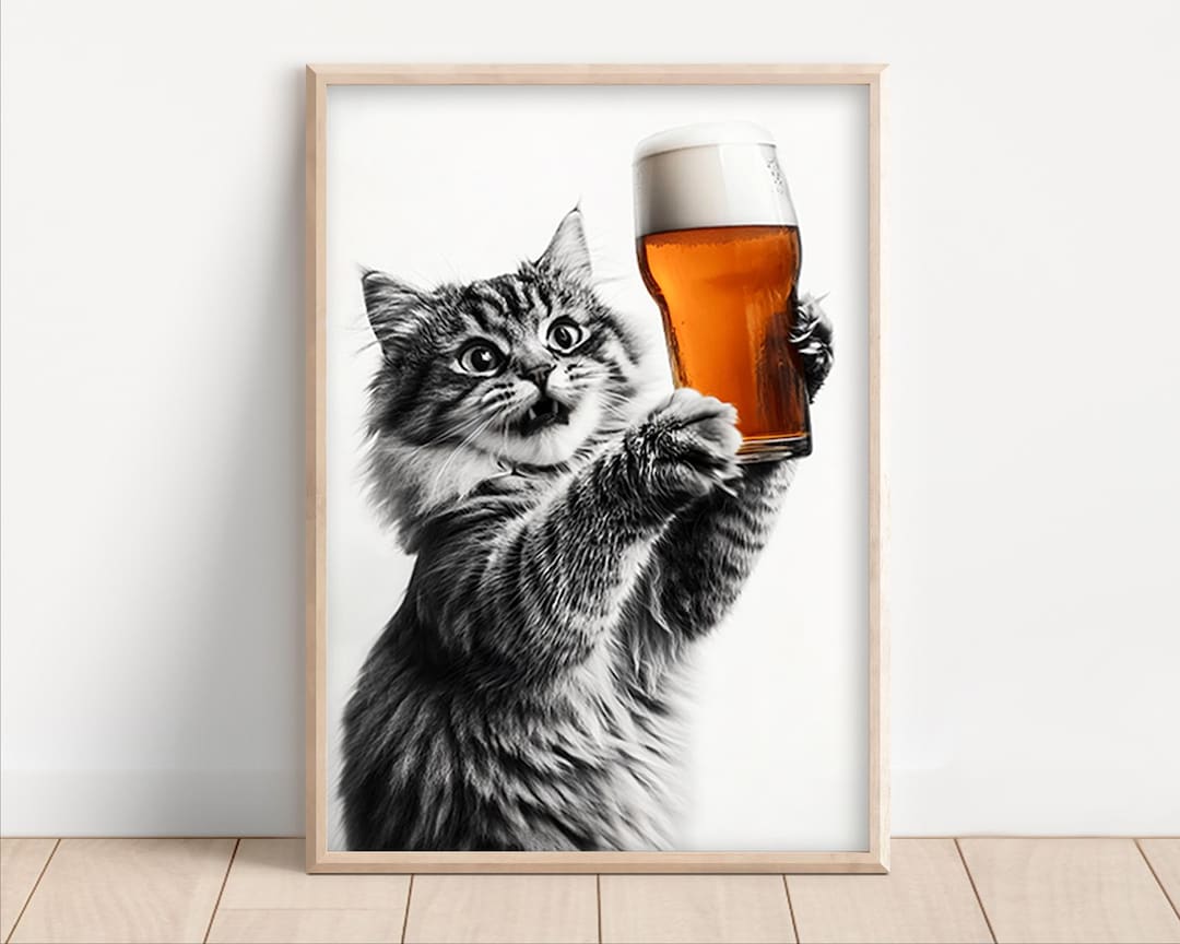 Cat Drinking Beer Canvas, Funny Kitchen Wall Art Poster, Retro Home Bar ...