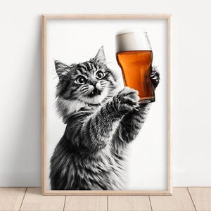 Cat Drinking Beer Canvas, Funny Kitchen Wall Art Poster, Retro Home Bar Garage Decor, Beer Lovers, Dining Room Print, Man Cave Animal Print