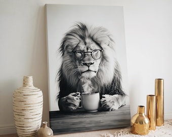 コレクション LION COFFEE Vintage Poster Lion Drinking Coffee Art Print: Funny Kitchen Decor Poster or
