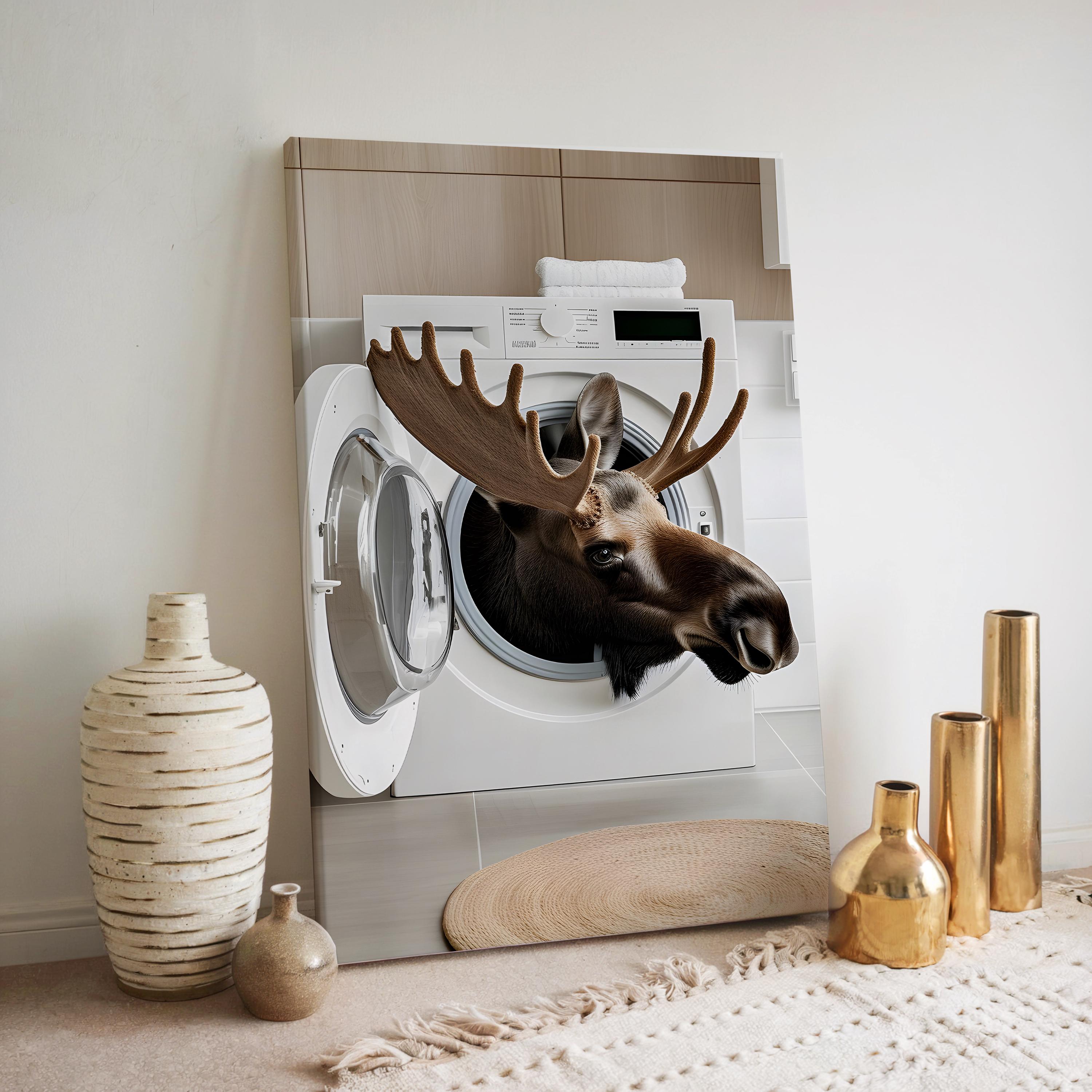 Funny Moose in Washing Machine Print: Retro Bathroom Laundry Room