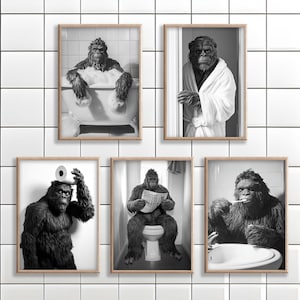 Sasquatch Wall Art Set, Funny Bathroom Decor, Poster Canvas, Bigfoot on Toilet, Bath, Wearing Bathrobe, Brushing Teeth, Animal Toilet Humor