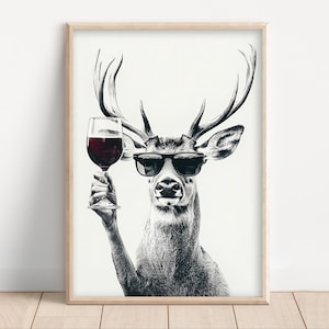 May include: A black and white illustration of a deer wearing sunglasses and holding a glass of red wine.