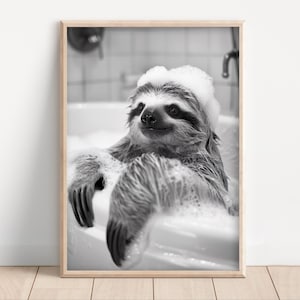 Sloth Taking a Bath, Poster or Canvas, Funny Bathroom Wall Art, Animals in Bathtub, Vintage Style Retro Photo Print, Cute Bathroom Decor