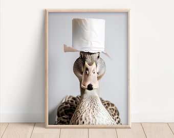 Funny Duck with Toilet Paper Roll on Head, Poster or Canvas, Quirky Bathroom Decor, Hilarious Animal Wall Art, Cute Duck Photo Print