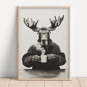 Moose Drinking Coffee, Poster or Canvas, Funny Kitchen Wall Art, Coffee Shop Decor, Coffee Lover Art, Dining Room, Cute Kitchen Animal Print