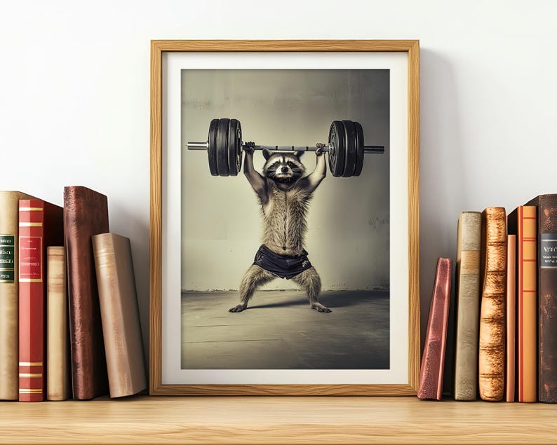 Bodybuilding Raccoon Print: Funny Gym Wall Art, Animal Workout, Poster ...