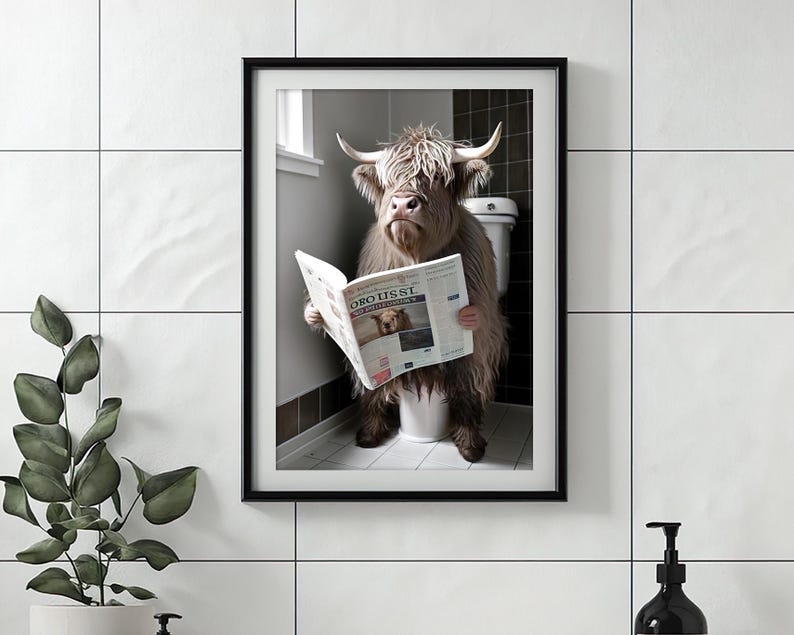 May include: Framed art print featuring a Highland cow sitting on a toilet, reading a newspaper. The cow has long, shaggy brown fur and large horns. The newspaper has the text "ORO USST". The artwork is framed in a black frame.