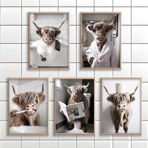 May include: Set of five framed prints featuring Highland cows in humorous bathroom scenes. One cow is in a bathtub with bubbles, another in a bathrobe, and a third brushing its teeth. The other two are on the toilet and with a toilet paper hat.