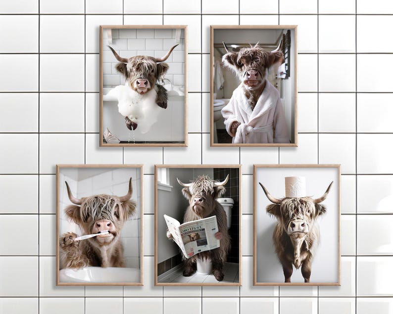 May include: Set of five framed prints featuring Highland cows in humorous bathroom scenes. One cow is in a bathtub with bubbles, another in a bathrobe, and a third brushing its teeth. The other two are on the toilet and with a toilet paper hat.