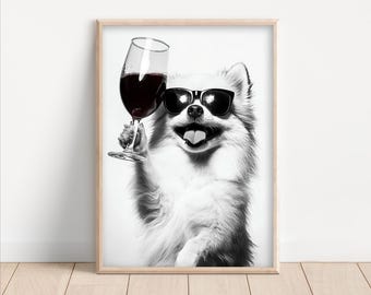 Impression d'art chien de Poméranie buvant du vin : décoration de cuisine amusante